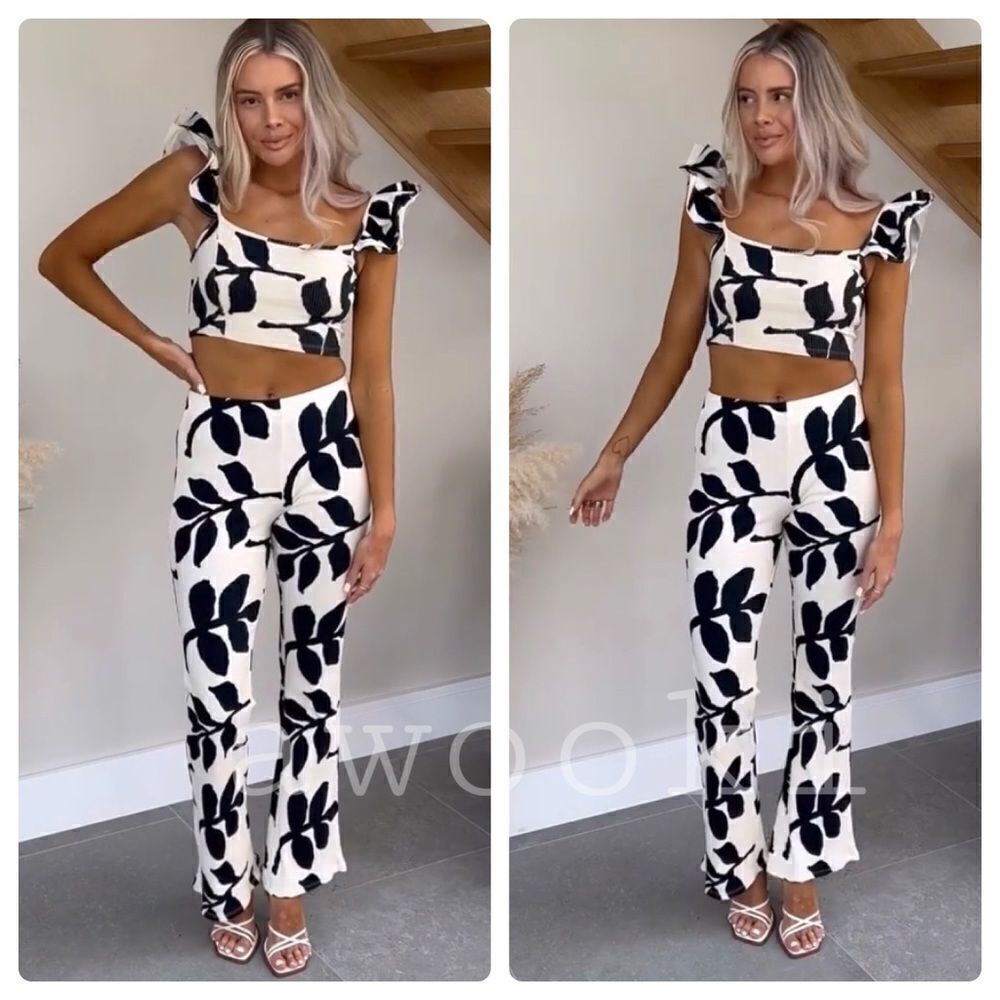 Print Co-Ord Set Ribbed Cotton Top Flared Pants New Zara